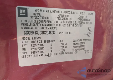 2008 Chevrolet Silverado 1500 Lt1 из США, поврежденный, VIN 3GCEK13J08G294808